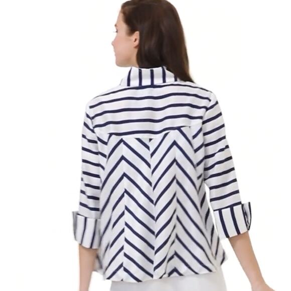 JOSEPH RIBKOFF Blue White Striped 3/4 Sleeve Swing Jacket Size 2 - Picture 5 of 10